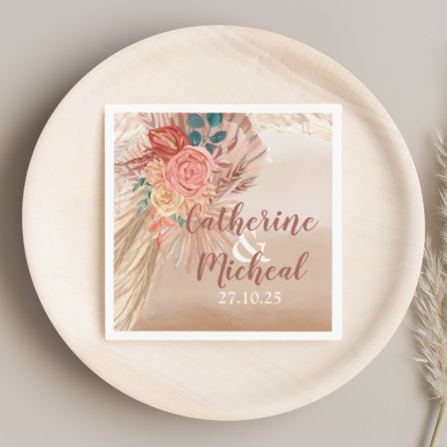 Pampas Grass Floral Terracotta Boho Chic Wedding  Napkin (Creator Uploaded)