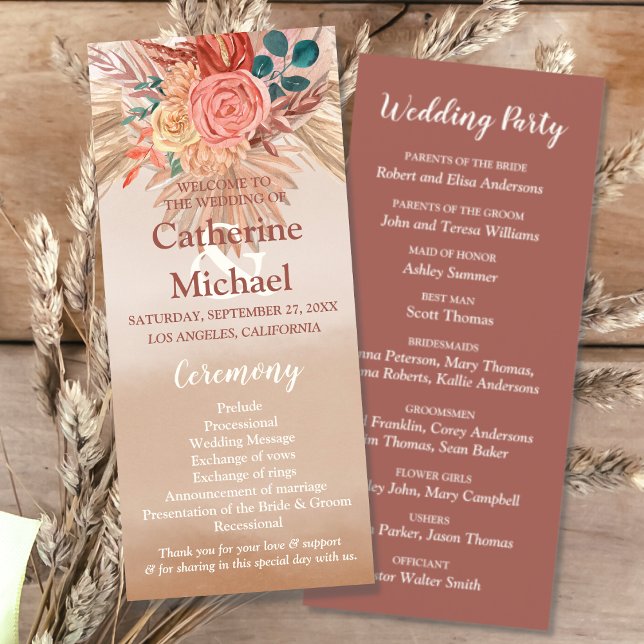 Pampas Grass Floral Terracotta Boho Chic Wedding  Programme (Creator Uploaded)