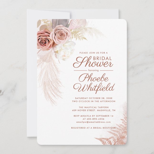 Pampas Grass Floral Terracotta Bridal Shower Invitation (Front)
