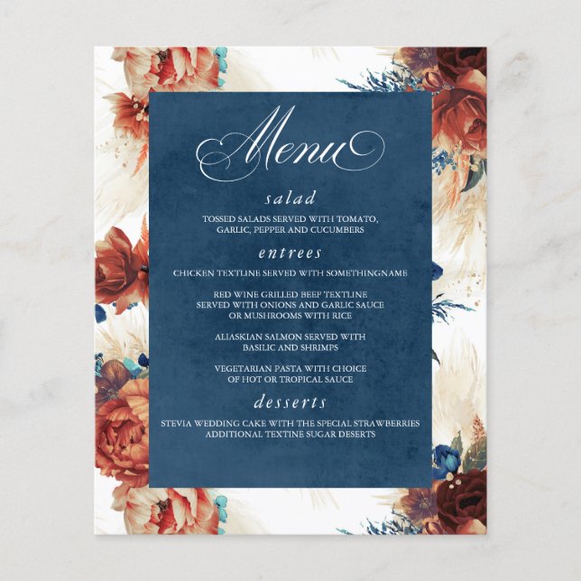 Pampas Grass Floral Terracotta Navy Blue Menu (Front)