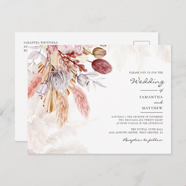 Pampas Grass Floral Terracotta Rustic Wedding Invitation Postcard (Front/Back)