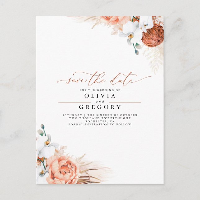 Pampas Grass Floral Terracotta Save the Date Announcement Postcard (Front)