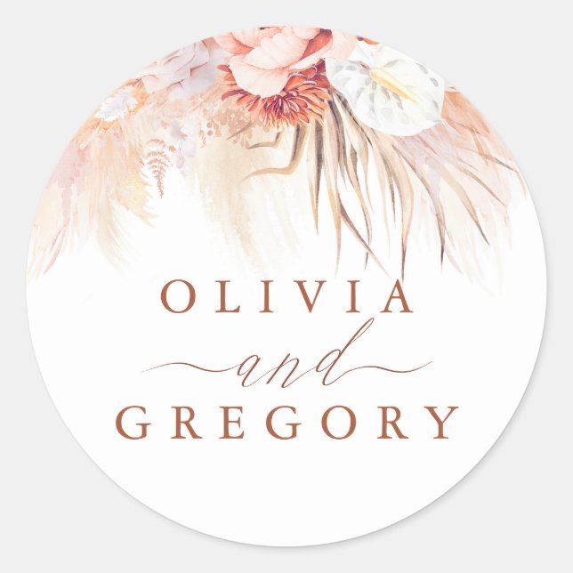 Pampas Grass Floral Terracotta Wedding Classic Round Sticker (Front)