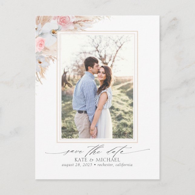 Pampas Grass Floral Tropical Save the Date Photo Announcement Postcard (Front)