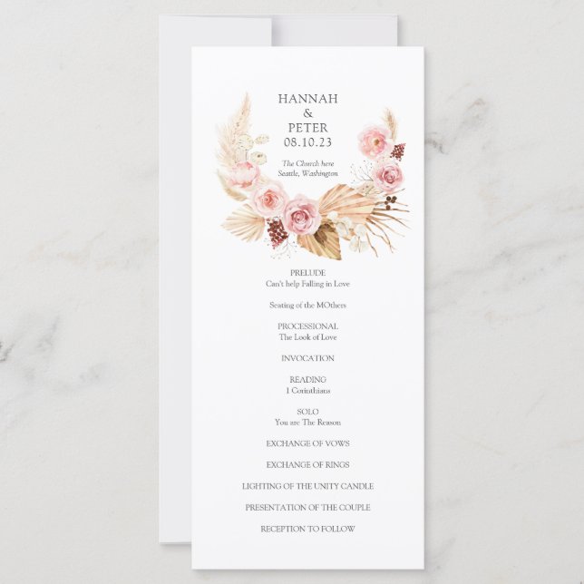 Pampas Grass Floral watercolor Wedding Program (Front)