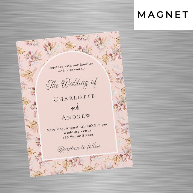 Pampas grass florals rose gold boho luxury wedding magnetic invitation (Creator Uploaded)