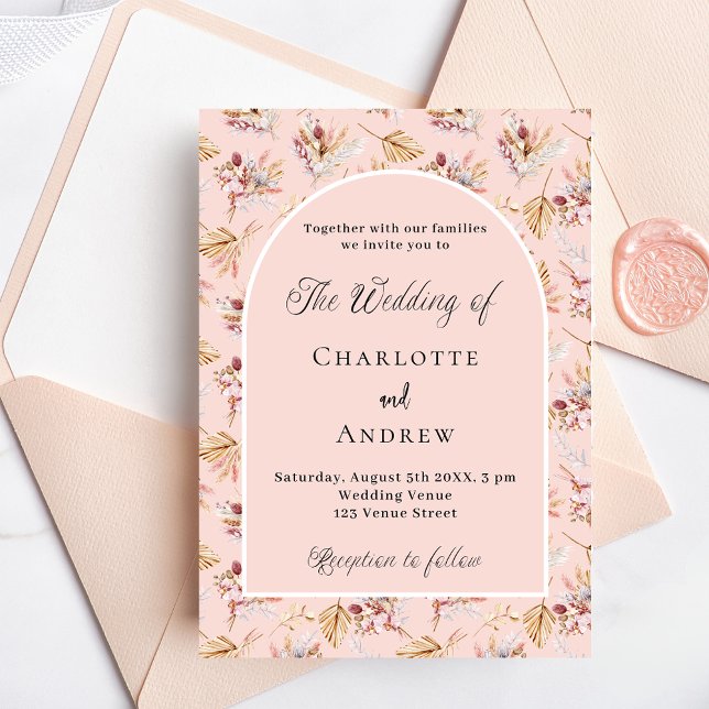 Pampas grass florals rose gold boho wedding invitation (Creator Uploaded)