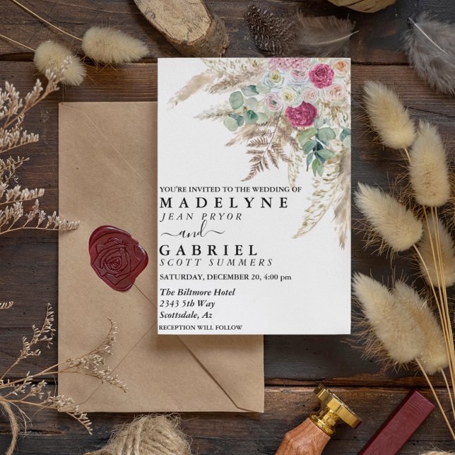 Pampas Grass Flower Pink Watercolor Boho Earthy Invitation (Creator Uploaded)