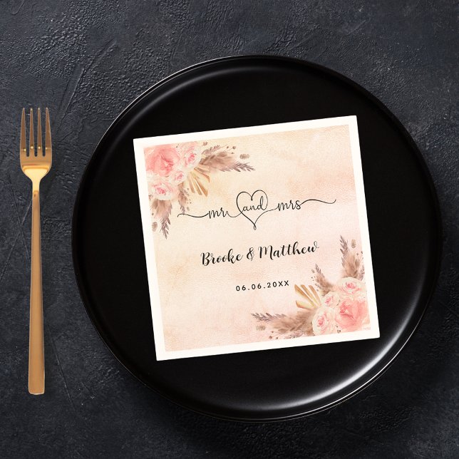 Pampas grass flowers boho  mr mrs heart wedding napkin (Creator Uploaded)