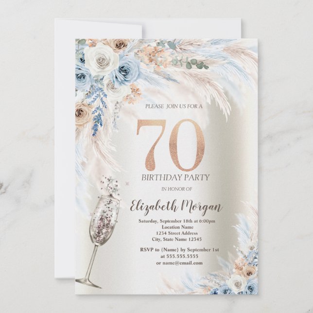 Pampas Grass Flowers Champagne Glass 70th Birthday Invitation (Front)