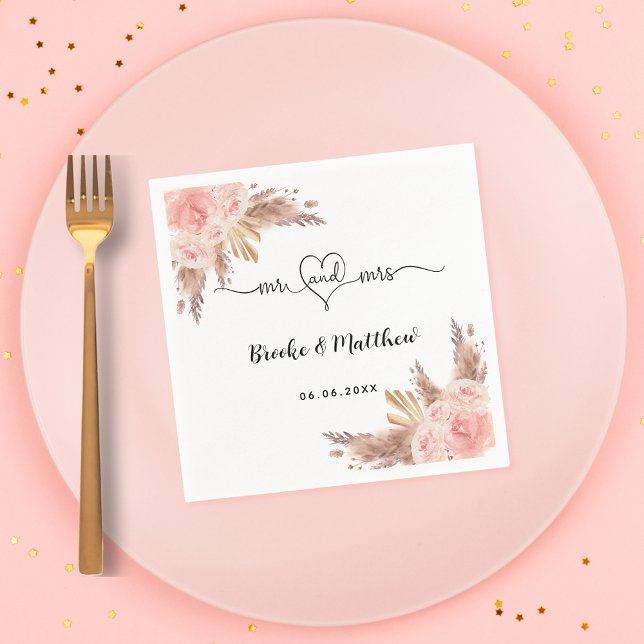Pampas grass flowers mr mrs heart boho wedding napkin (Creator Uploaded)