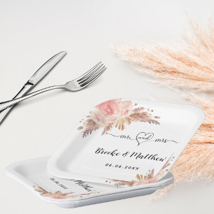 Pampas grass flowers mr mrs heart boho wedding paper plate