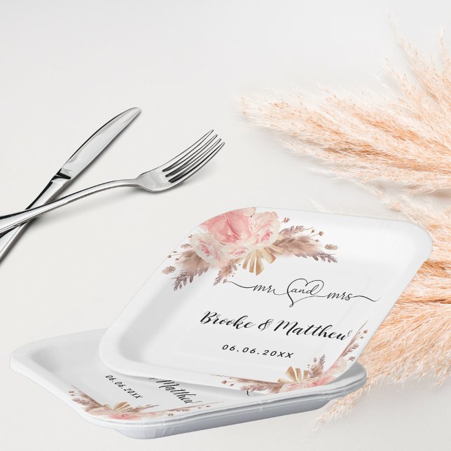 Pampas grass flowers mr mrs heart boho wedding paper plate (Creator Uploaded)