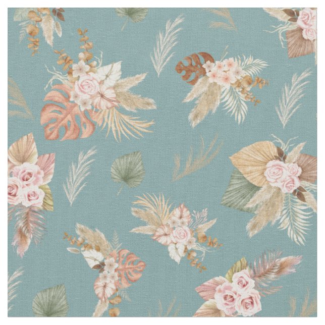 Pampas Grass & Flowers on Bluish Green Fabric (Close Up)