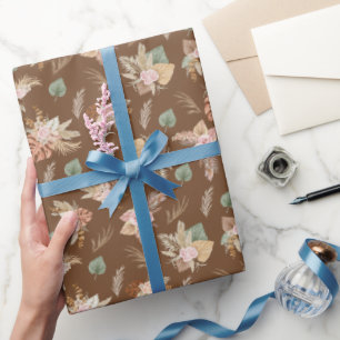 Pampas Grass & Flowers on Coffee Brown Wrapping Paper