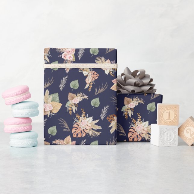 Pampas Grass & Flowers on Navy Blue Wrapping Paper (Baby Shower)