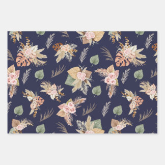 Pampas Grass & Flowers on Navy Blue Wrapping Paper Sheet