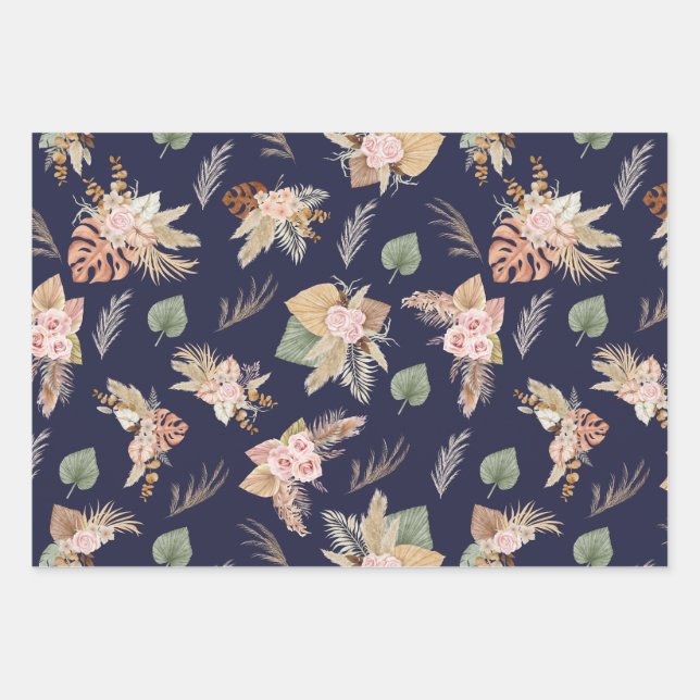 Pampas Grass & Flowers on Navy Blue Wrapping Paper Sheet (Front 2)