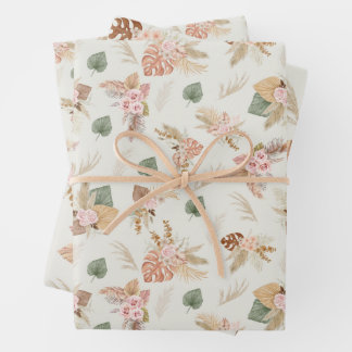 Pampas Grass & Flowers on Off-White Wrapping Paper Sheet