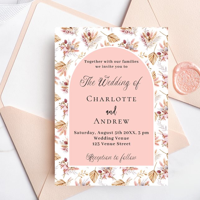 Pampas grass flowers rose gold boho wedding invitation (Creator Uploaded)