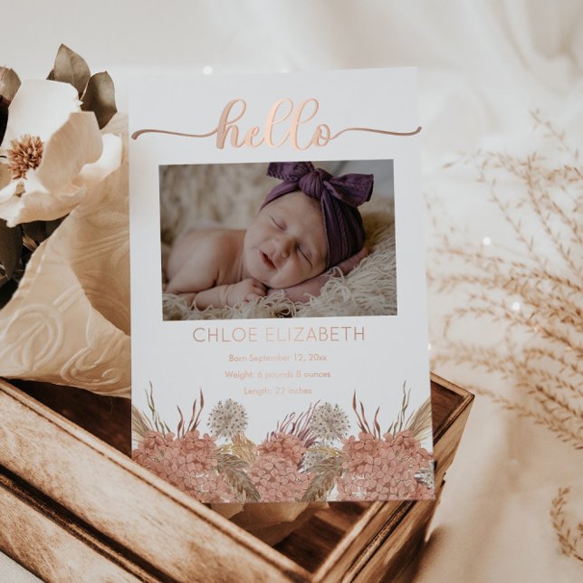 Pampas Grass Girl 4 Photo Birth Announcement Foil (Elegant Boho Pampas Grass "Hello" Girl 4 Photo Birth Announcement in Rose Gold Foil -- Front Design)