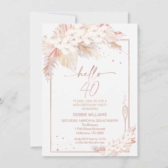 Pampas Grass Glass Hello 40 Birthday Invitation (Front)