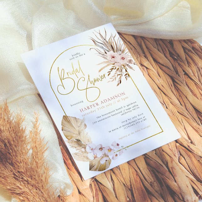 Pampas Grass & Gold Arch Boho Floral Bridal Shower Invitation (Creator Uploaded)
