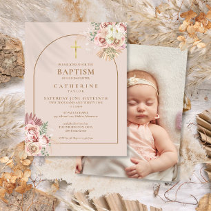 Pampas Grass Gold Arch Photo Baptism Christening  Invitation Postcard