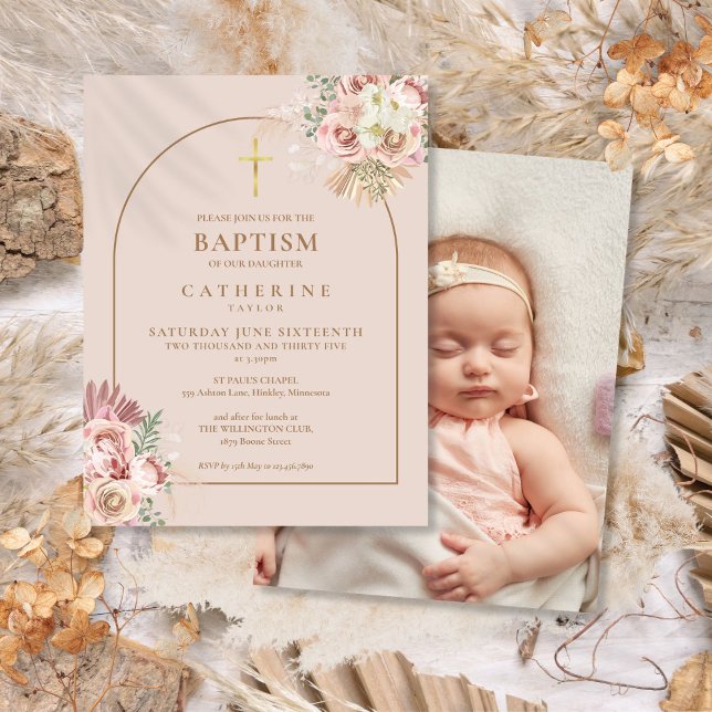 Pampas Grass Gold Arch Photo Baptism Christening  Invitation Postcard (Pampas Grass Gold Arch Photo Baptism Christening Invitation Postcard)
