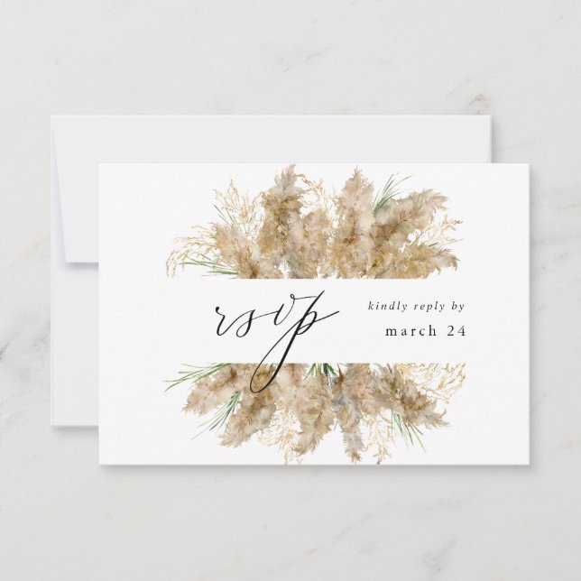 Pampas Grass & Gold Boho w Meal RSVP Card (Front)