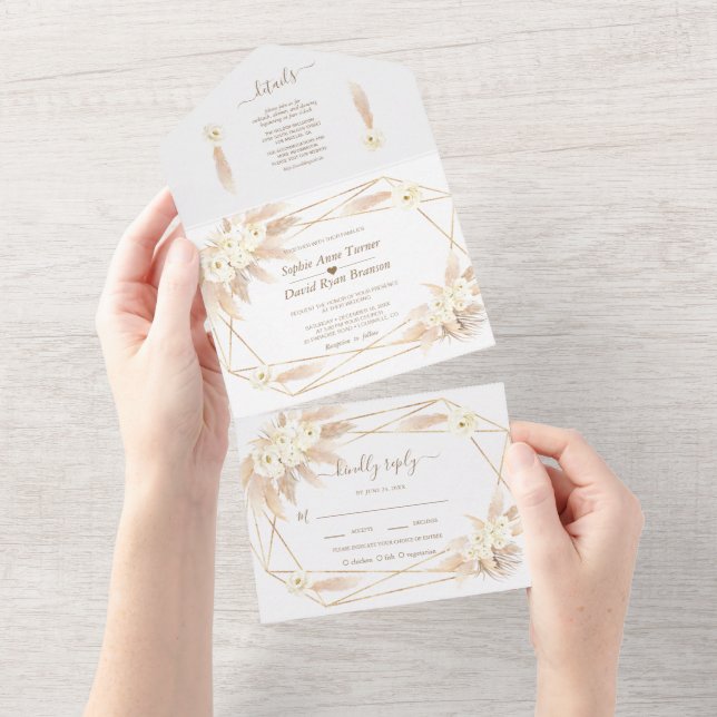 Pampas Grass Gold Monogram All in One Wedding  A All In One Invitation (Tearaway)