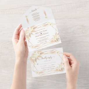 Pampas Grass Gold Monogram All in One Wedding A Invitation
