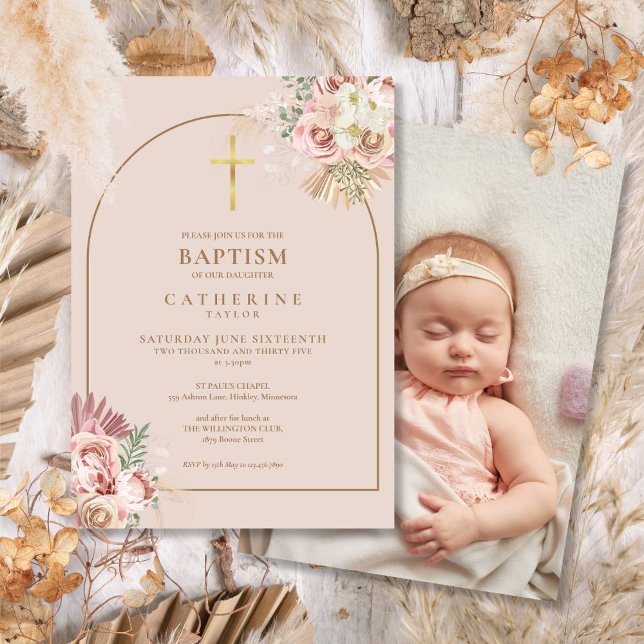Pampas Grass Gold Photo Baptism Christening  Invitation (Pampas Grass Gold Photo Baptism Christening Invitation)