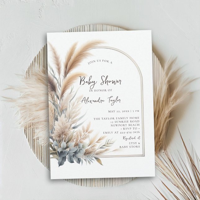 Pampas Grass Greenery Arch Neutral Baby Shower Invitation (pampas grass baby shower invitation gender neutral watercolor greenery botanical foliage simple boho)