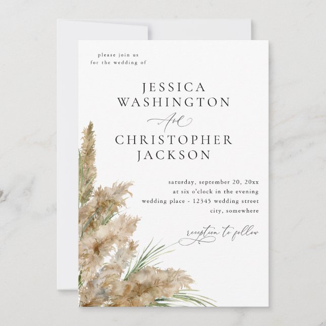 Pampas Grass & Greenery Wedding Invitation (Front)