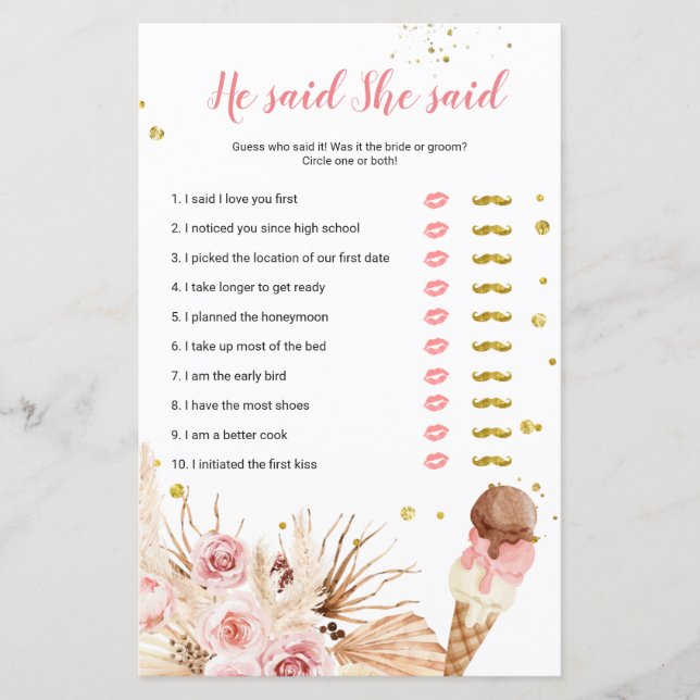 Pampas Grass Ice Cream He said She said Game Card (Front)