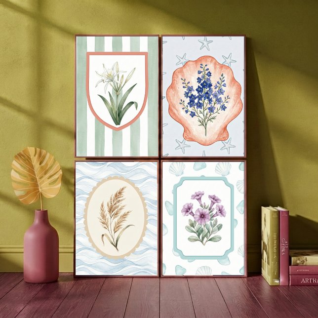 Pampas Grass in Scalloped Frame with Blue Waves Poster (Creator Uploaded)