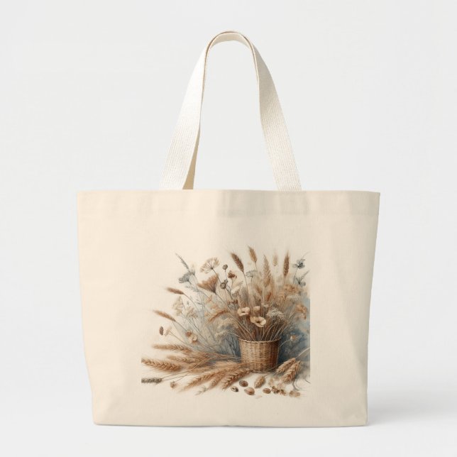 Pampas Grass Modern Boho Floral for Autumn & Fall  Large Tote Bag (Front)