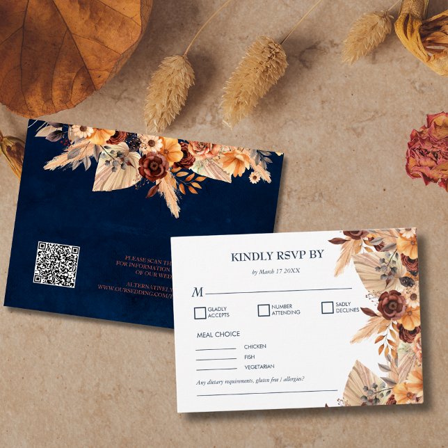 Pampas Grass Navy Blue Rust QR Code Enclosure Card (Creator Uploaded)