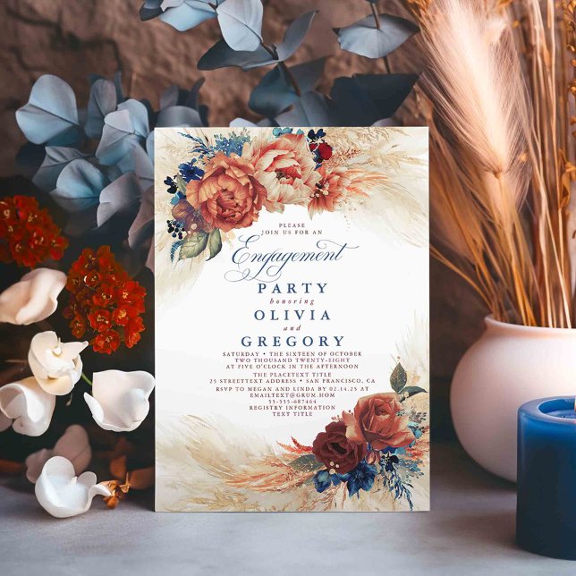 Pampas Grass Navy Blue Terracotta Engagement Party Invitation (Navy Blue and Terracotta Fall Engagement Party Invitations)