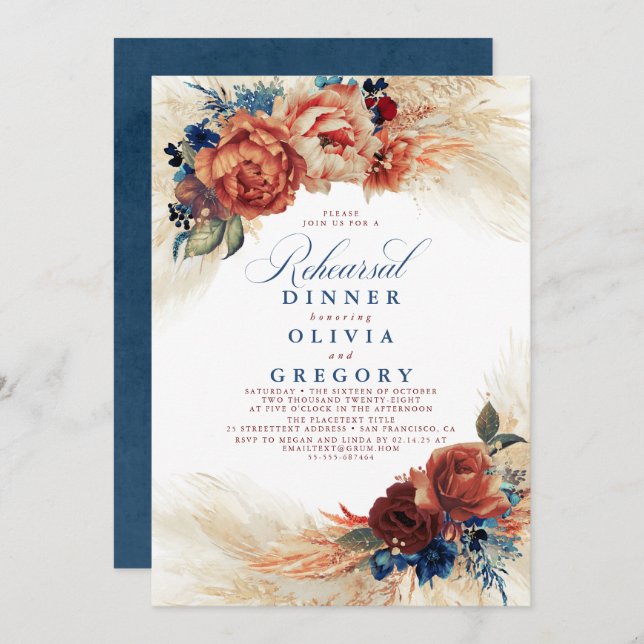 Pampas Grass Navy Blue Terracotta Rehearsal Dinner Invitation (Front/Back)
