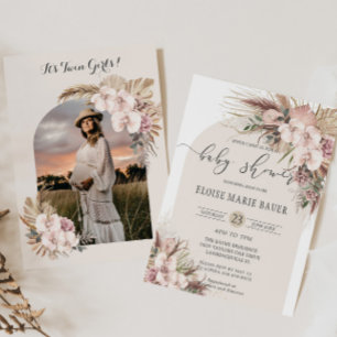 Pampas Grass Orchid Floral Arch Baby Shower Photo Invitation