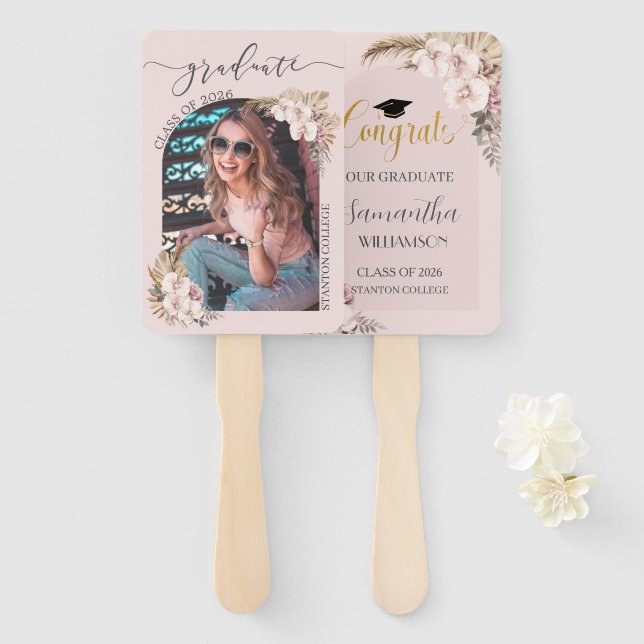 Pampas Grass Orchid Floral Arch Picture Graduation Hand Fan (Front and Back)