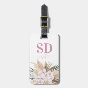 Pampas grass, orchid, tropical foliage script text luggage tag