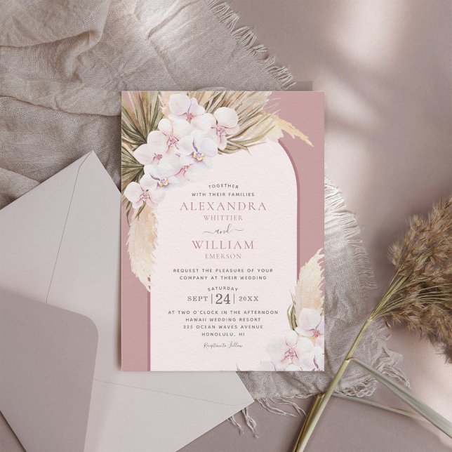 Pampas Grass Orchids Dusty Rose Tropical Wedding Invitation (Creator Uploaded)