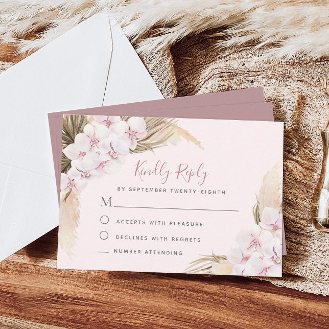 Pampas Grass Orchids Floral Tropical Wedding RSVP Card (Creator Uploaded)