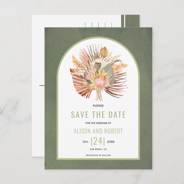 Pampas grass, palm leaves green Save the Date Postcard (Front/Back)