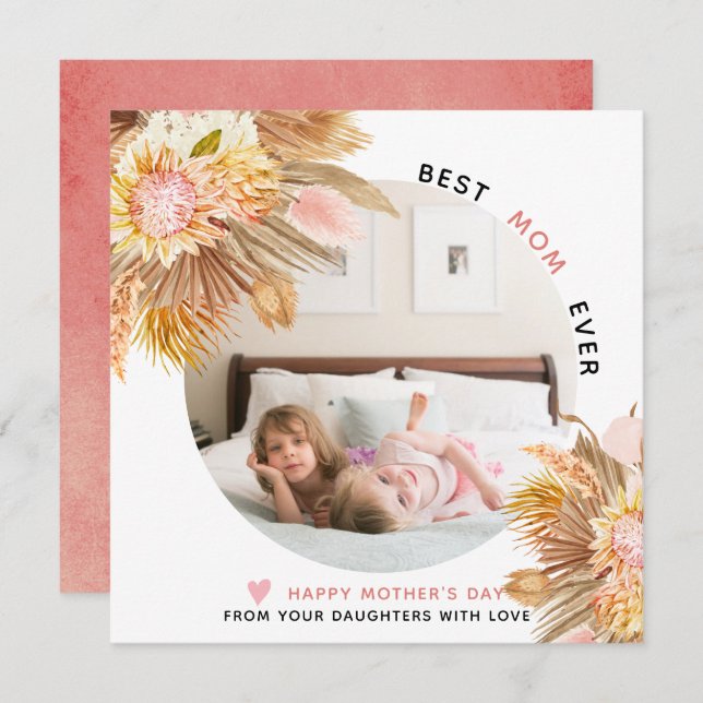 Pampas grass, palm leaves Mother's Day photo Holiday Card (Front/Back)