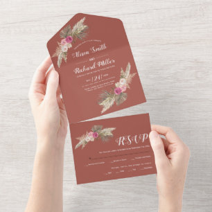Pampas grass palm leaves roses terracotta wedding all in one invitation