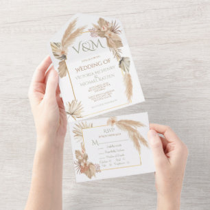 Pampas Grass & Palm Leaves with Orchids Wedding All In One Invitation
